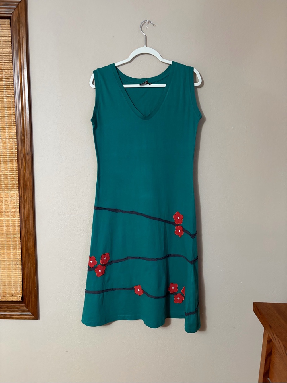 Elevation Trade Organic Cotton Floral Applique Dress M Green Boho Made in Nepal